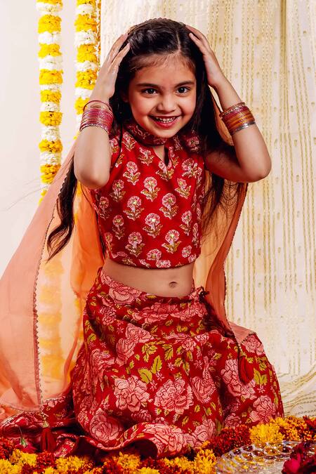 Shop_Missprint_Red Chanderi, Organza Embroidery Noor Floral Print Lehenga Set _Online_at_Aza_Fashions