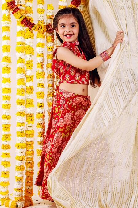 Missprint_Red Chanderi, Organza Embroidery Noor Floral Print Lehenga Set _at_Aza_Fashions