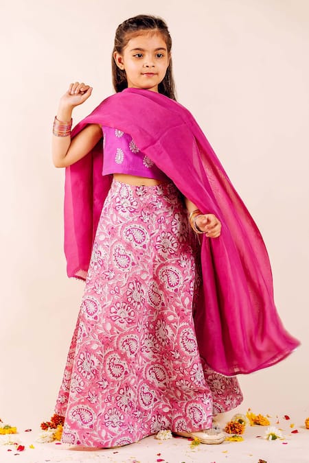 Missprint Pink Chanderi Printed Paisley Aarazoo Handblock Lehenga Set 