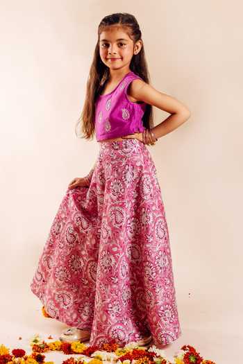 Missprint_Pink Chanderi Embroidery Aarazoo Paisley Handblock Print Lehenga Set _Online_at_Aza_Fashions