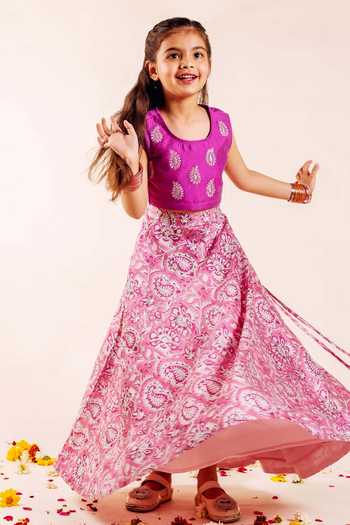 Shop_Missprint_Pink Chanderi Embroidery Aarazoo Paisley Handblock Print Lehenga Set _Online_at_Aza_Fashions