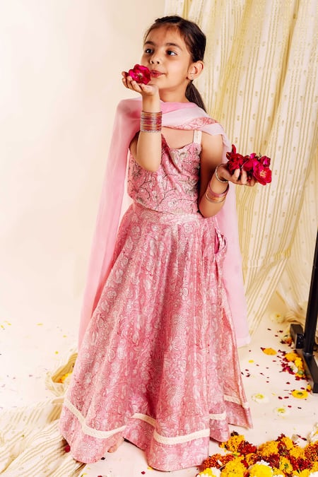 Missprint Pink Lehenga And Blouse Chanderi Printed Floral Mahi Crystal Embellished Set 