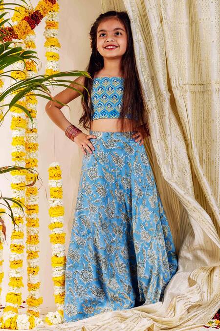 Missprint_Blue Chanderi, Organza Embroidery Fiza Botanic Print Lehenga Set _Online_at_Aza_Fashions