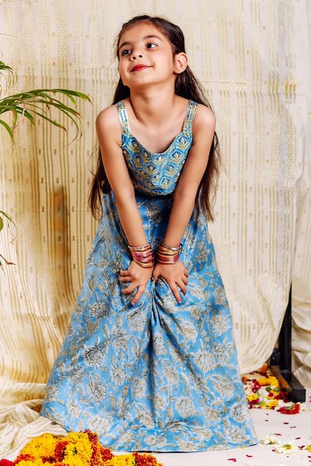 Buy_Missprint_Blue Chanderi, Organza Embroidery Fiza Botanic Print Lehenga Set _Online_at_Aza_Fashions