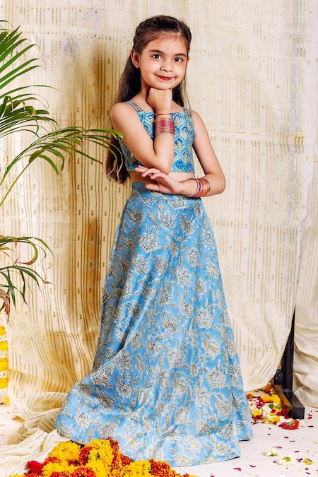 Shop_Missprint_Blue Chanderi, Organza Embroidery Fiza Botanic Print Lehenga Set _Online_at_Aza_Fashions