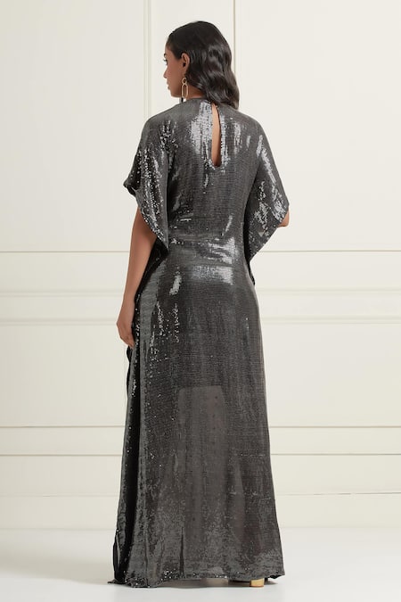 Shop Affroz Black Georgette Sequins Boat Neck Embroidered Kaftan at Aza Fashions Shop_Affroz_Black Georgette Sequins Boat Neck Embroidered Kaftan _at_Aza_Fashions