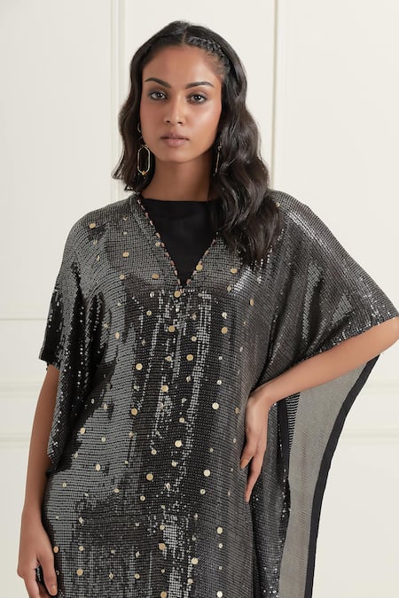 Shop Affroz Black Georgette Sequins Boat Neck Embroidered Kaftan Online at Aza Fashions Shop_Affroz_Black Georgette Sequins Boat Neck Embroidered Kaftan _Online_at_Aza_Fashions