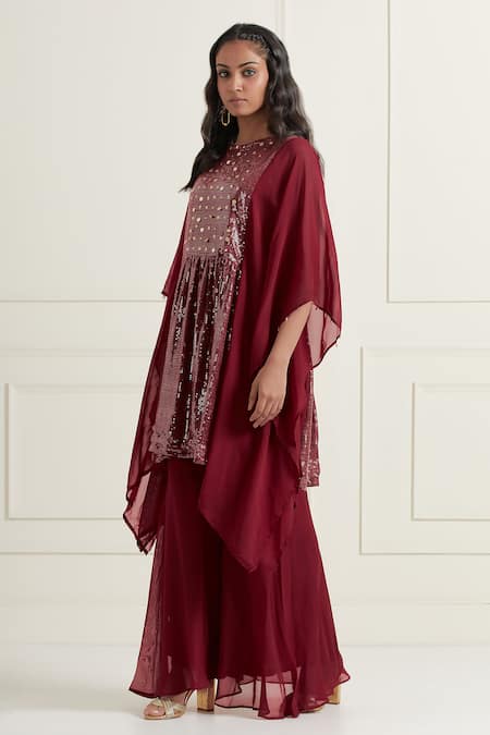 Affroz_Maroon Georgette Embroidery Boat Neck Kaftan And Sharara Set _Online_at_Aza_Fashions