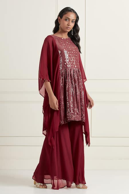 Buy_Affroz_Maroon Georgette Embroidery Boat Neck Kaftan And Sharara Set _Online_at_Aza_Fashions