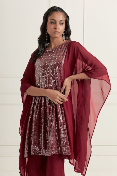 Shop_Affroz_Maroon Georgette Embroidery Boat Neck Kaftan And Sharara Set _Online_at_Aza_Fashions