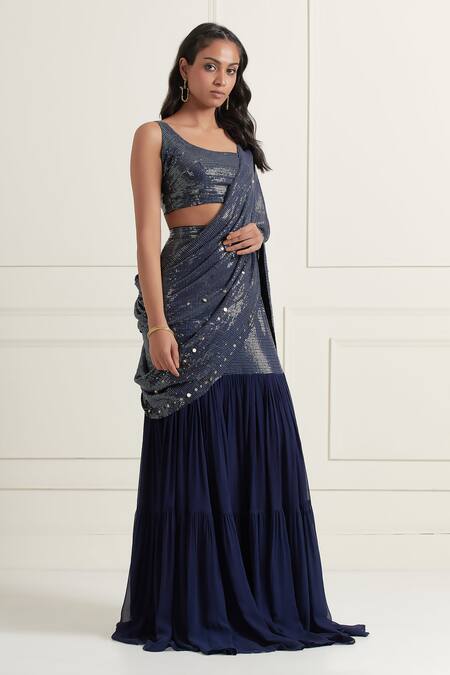 Shop Affroz Blue Georgette Embroidery, Sequins Round Neck Lehenga Saree With Blouse Online at Aza Fashions Shop_Affroz_Blue Georgette Embroidery, Sequins Round Neck Lehenga Saree With Blouse _Online_at_Aza_Fashions