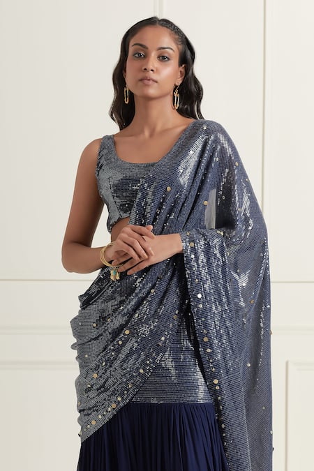 Affroz Blue Georgette Embroidery, Sequins Round Neck Lehenga Saree With Blouse at Aza Fashions Affroz_Blue Georgette Embroidery, Sequins Round Neck Lehenga Saree With Blouse _at_Aza_Fashions