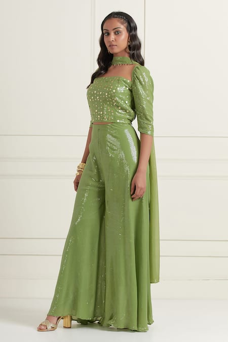 Affroz_Green Georgette Sequins Square Neck Embroidered Top Flared Pant Set _Online_at_Aza_Fashions