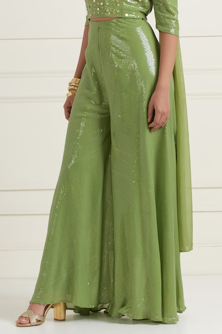 Buy_Affroz_Green Georgette Sequins Square Neck Embroidered Top Flared Pant Set _Online_at_Aza_Fashions