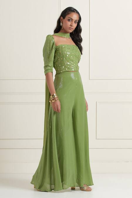 Shop_Affroz_Green Georgette Sequins Square Neck Embroidered Top Flared Pant Set _Online_at_Aza_Fashions