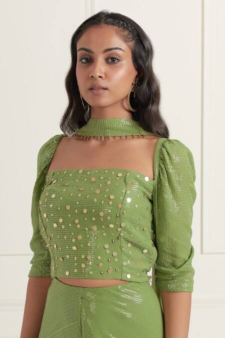Affroz_Green Georgette Sequins Square Neck Embroidered Top Flared Pant Set _at_Aza_Fashions