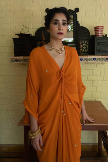 Ease_Orange Crepe Embroidery V-neck Floral Kaftan _Online_at_Aza_Fashions