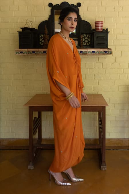 Buy_Ease_Orange Crepe Embroidery V-neck Floral Kaftan _Online_at_Aza_Fashions