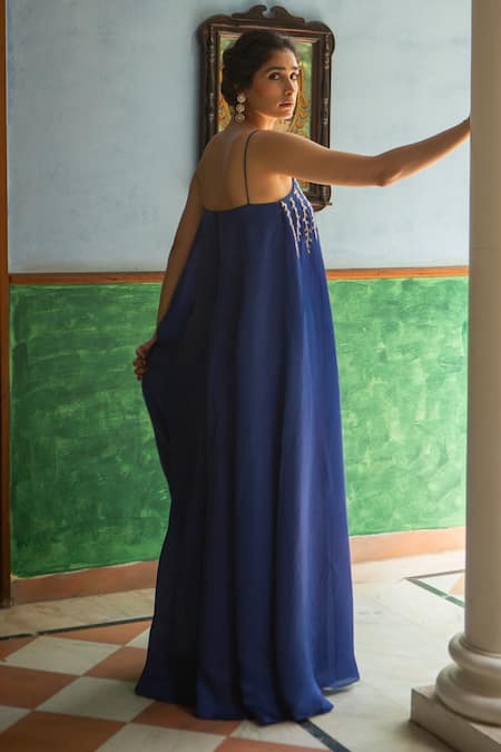 Shop EASE Blue Satin, Organza Embroidery Round Neck Sleeveless Flared Jumpsuit at Aza Fashions Shop_EASE_Blue Satin, Organza Embroidery Round Neck Sleeveless Flared Jumpsuit _at_Aza_Fashions