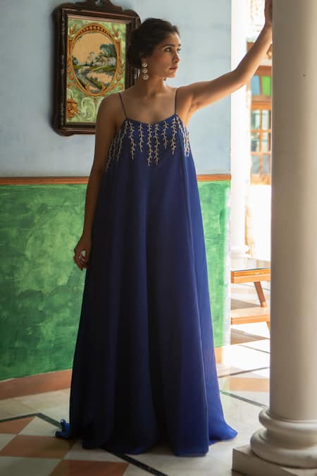 Buy EASE Blue Satin, Organza Embroidery Round Neck Sleeveless Flared Jumpsuit Online at Aza Fashions Buy_EASE_Blue Satin, Organza Embroidery Round Neck Sleeveless Flared Jumpsuit _Online_at_Aza_Fashions