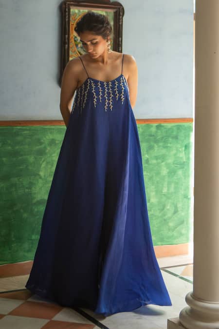 Shop EASE Blue Satin, Organza Embroidery Round Neck Sleeveless Flared Jumpsuit Online at Aza Fashions Shop_EASE_Blue Satin, Organza Embroidery Round Neck Sleeveless Flared Jumpsuit _Online_at_Aza_Fashions