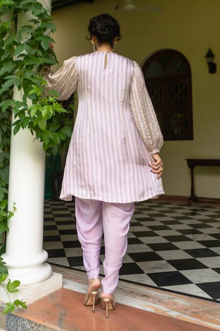 Shop EASE Purple Satin, Crepe Cut Work Round Neck Striped Pattern Kurta And Dhoti Set at Aza Fashions Shop_EASE_Purple Satin, Crepe Cut Work Round Neck Striped Pattern Kurta And Dhoti Set _at_Aza_Fashions