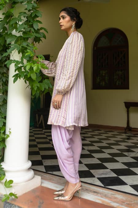 EASE Purple Satin, Crepe Cut Work Round Neck Striped Pattern Kurta And Dhoti Set Online at Aza Fashions EASE_Purple Satin, Crepe Cut Work Round Neck Striped Pattern Kurta And Dhoti Set _Online_at_Aza_Fashions