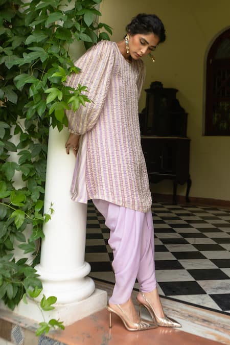 Buy EASE Purple Satin, Crepe Cut Work Round Neck Striped Pattern Kurta And Dhoti Set Online at Aza Fashions Buy_EASE_Purple Satin, Crepe Cut Work Round Neck Striped Pattern Kurta And Dhoti Set _Online_at_Aza_Fashions