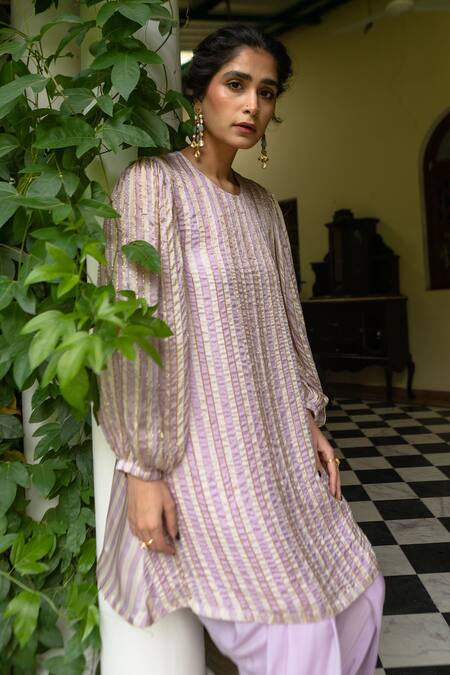 Shop EASE Purple Satin, Crepe Cut Work Round Neck Striped Pattern Kurta And Dhoti Set Online at Aza Fashions Shop_EASE_Purple Satin, Crepe Cut Work Round Neck Striped Pattern Kurta And Dhoti Set _Online_at_Aza_Fashions