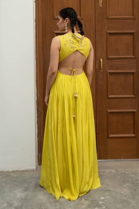 Shop EASE Yellow Crepe Cut Work, Embroidery Round Neck Yoke Anarkali And Palazzo Set at Aza Fashions Shop_EASE_Yellow Crepe Cut Work, Embroidery Round Neck Yoke Anarkali And Palazzo Set _at_Aza_Fashions