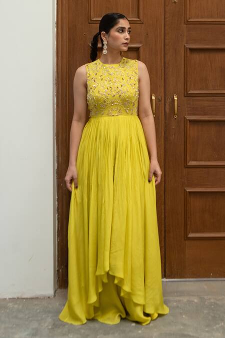 Buy EASE Yellow Crepe Cut Work, Embroidery Round Neck Yoke Anarkali And Palazzo Set Online at Aza Fashions Buy_EASE_Yellow Crepe Cut Work, Embroidery Round Neck Yoke Anarkali And Palazzo Set _Online_at_Aza_Fashions