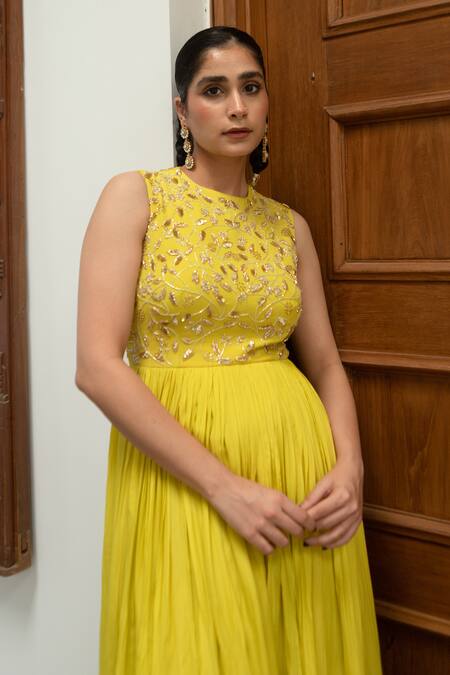 Shop EASE Yellow Crepe Cut Work, Embroidery Round Neck Yoke Anarkali And Palazzo Set Online at Aza Fashions Shop_EASE_Yellow Crepe Cut Work, Embroidery Round Neck Yoke Anarkali And Palazzo Set _Online_at_Aza_Fashions