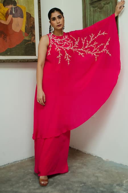 EASE Pink Viscose, Crepe, Organza Embroidery Round Neck Poncho Palazzo Set 