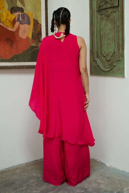 Shop EASE Pink Viscose, Crepe, Organza Embroidery Round Neck Poncho Palazzo Set at Aza Fashions Shop_EASE_Pink Viscose, Crepe, Organza Embroidery Round Neck Poncho Palazzo Set _at_Aza_Fashions