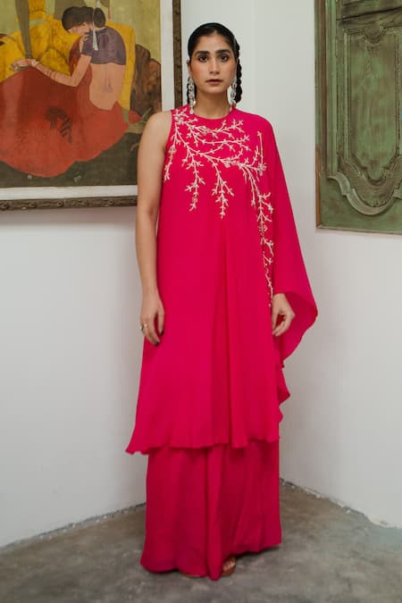 EASE Pink Viscose, Crepe, Organza Embroidery Round Neck Poncho Palazzo Set Online at Aza Fashions EASE_Pink Viscose, Crepe, Organza Embroidery Round Neck Poncho Palazzo Set _Online_at_Aza_Fashions