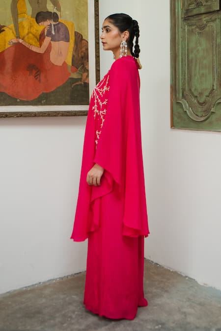 Buy EASE Pink Viscose, Crepe, Organza Embroidery Round Neck Poncho Palazzo Set Online at Aza Fashions Buy_EASE_Pink Viscose, Crepe, Organza Embroidery Round Neck Poncho Palazzo Set _Online_at_Aza_Fashions