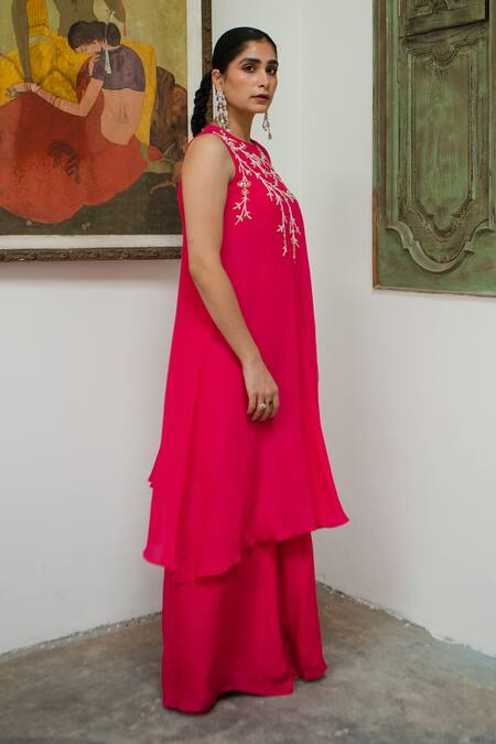 Shop EASE Pink Viscose, Crepe, Organza Embroidery Round Neck Poncho Palazzo Set Online at Aza Fashions Shop_EASE_Pink Viscose, Crepe, Organza Embroidery Round Neck Poncho Palazzo Set _Online_at_Aza_Fashions