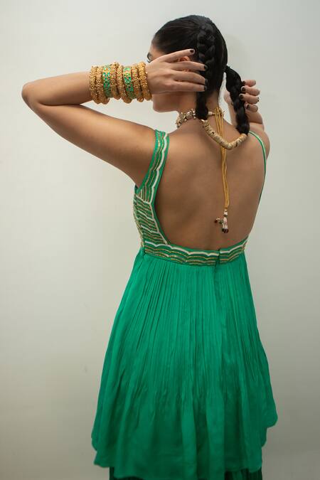 Shop EASE Green Crepe, Viscose Embroidery, Cut Work Square Neck Cutdana Poth Kurta Set Online at Aza Fashions Shop_EASE_Green Crepe, Viscose Embroidery, Cut Work Square Neck Cutdana Poth Kurta Set _Online_at_Aza_Fashions