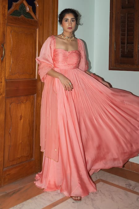 EASE Peach Crepe, Viscose Sequins, Balloon Sleeve Butti Anarkali With Dupatta Online at Aza Fashions EASE_Peach Crepe, Viscose Sequins, Balloon Sleeve Butti Anarkali With Dupatta _Online_at_Aza_Fashions