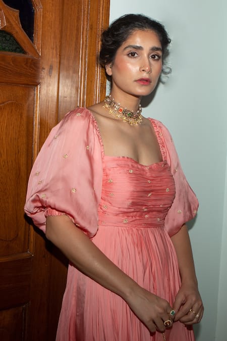 Buy EASE Peach Crepe, Viscose Sequins, Balloon Sleeve Butti Anarkali With Dupatta Online at Aza Fashions Buy_EASE_Peach Crepe, Viscose Sequins, Balloon Sleeve Butti Anarkali With Dupatta _Online_at_Aza_Fashions