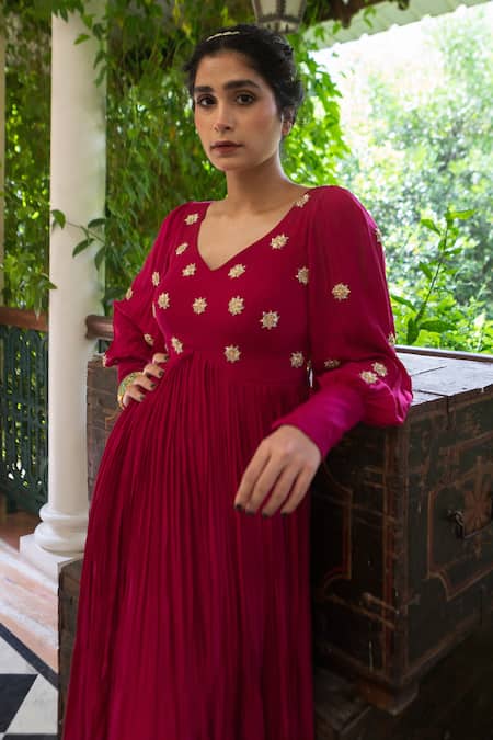 EASE_Magenta Crepe, Viscose Embroidery Flower Butti Yoke Anarkali With Dupatta _Online_at_Aza_Fashions