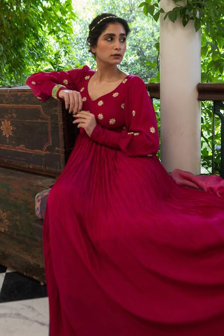 Buy_EASE_Magenta Crepe, Viscose Embroidery Flower Butti Yoke Anarkali With Dupatta _Online_at_Aza_Fashions