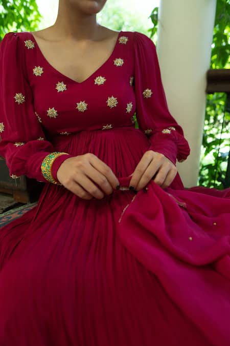 Shop_EASE_Magenta Crepe, Viscose Embroidery Flower Butti Yoke Anarkali With Dupatta _Online_at_Aza_Fashions