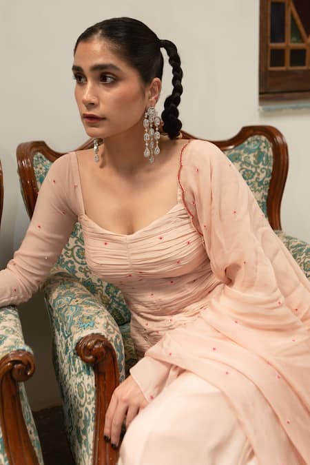 EASE_Pink Crepe, Viscose Embroidery Scoop Neck Tikki Poth Chitta Ruche Kurta Set _Online_at_Aza_Fashions