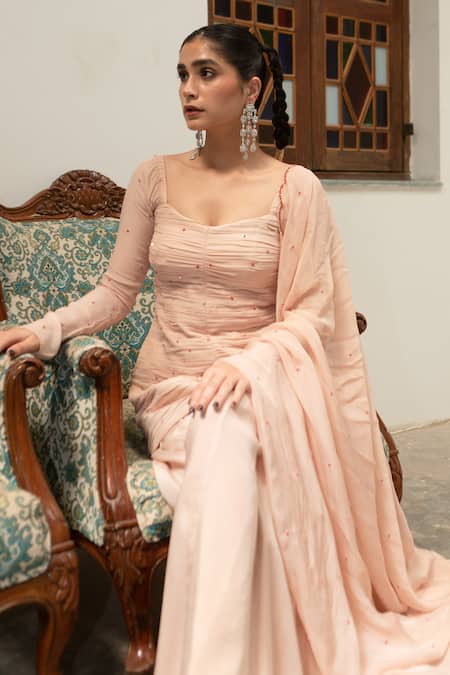 Buy_EASE_Pink Crepe, Viscose Embroidery Scoop Neck Tikki Poth Chitta Ruche Kurta Set _Online_at_Aza_Fashions