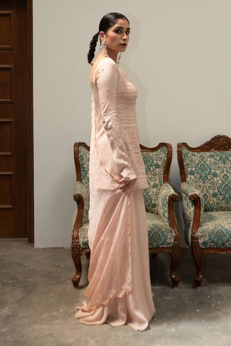 Shop_EASE_Pink Crepe, Viscose Embroidery Scoop Neck Tikki Poth Chitta Ruche Kurta Set _Online_at_Aza_Fashions