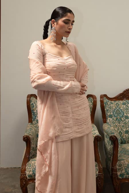 EASE_Pink Crepe, Viscose Embroidery Scoop Neck Tikki Poth Chitta Ruche Kurta Set _at_Aza_Fashions