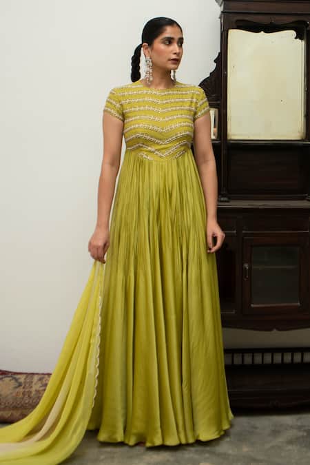 EASE_Green Crepe, Viscose Cutdana Poth Leaf Line Yoke Anarkali With Dupatta _Online_at_Aza_Fashions