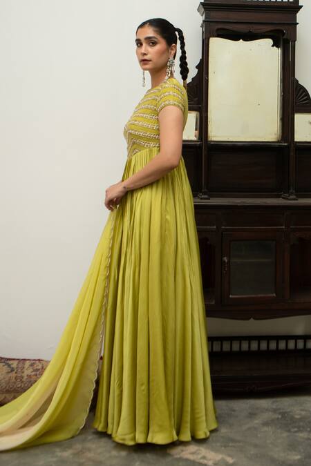 Buy_EASE_Green Crepe, Viscose Cutdana Poth Leaf Line Yoke Anarkali With Dupatta _Online_at_Aza_Fashions
