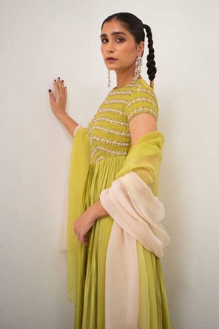 Shop_EASE_Green Crepe, Viscose Cutdana Poth Leaf Line Yoke Anarkali With Dupatta _Online_at_Aza_Fashions